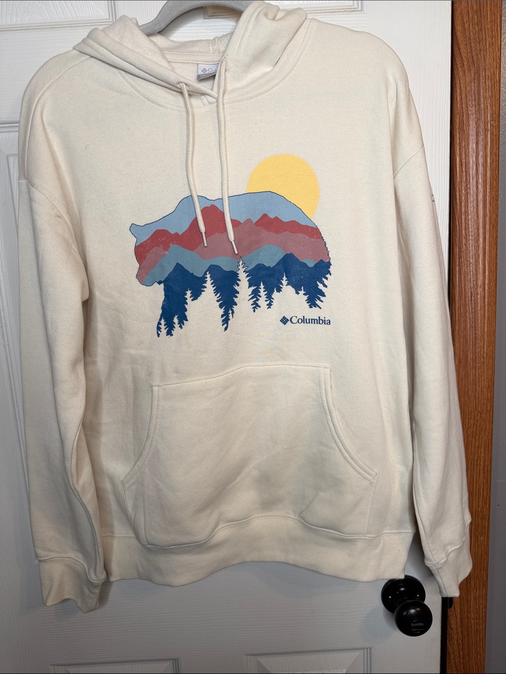 Columbia Cream Hoodie with Blue, Red and Yellow Graphic Bear